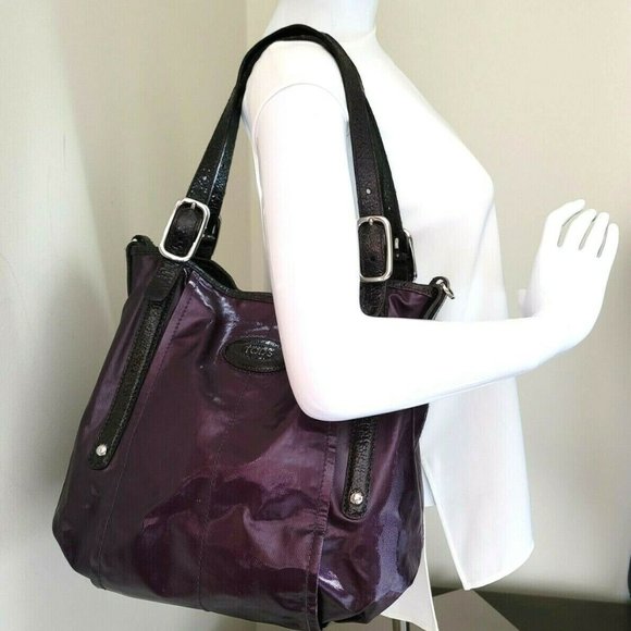 Tods G Line Easy Shopper Sacca Purple Coated Canvas Leather Medium Tote Hand Bag - Picture 7 of 12